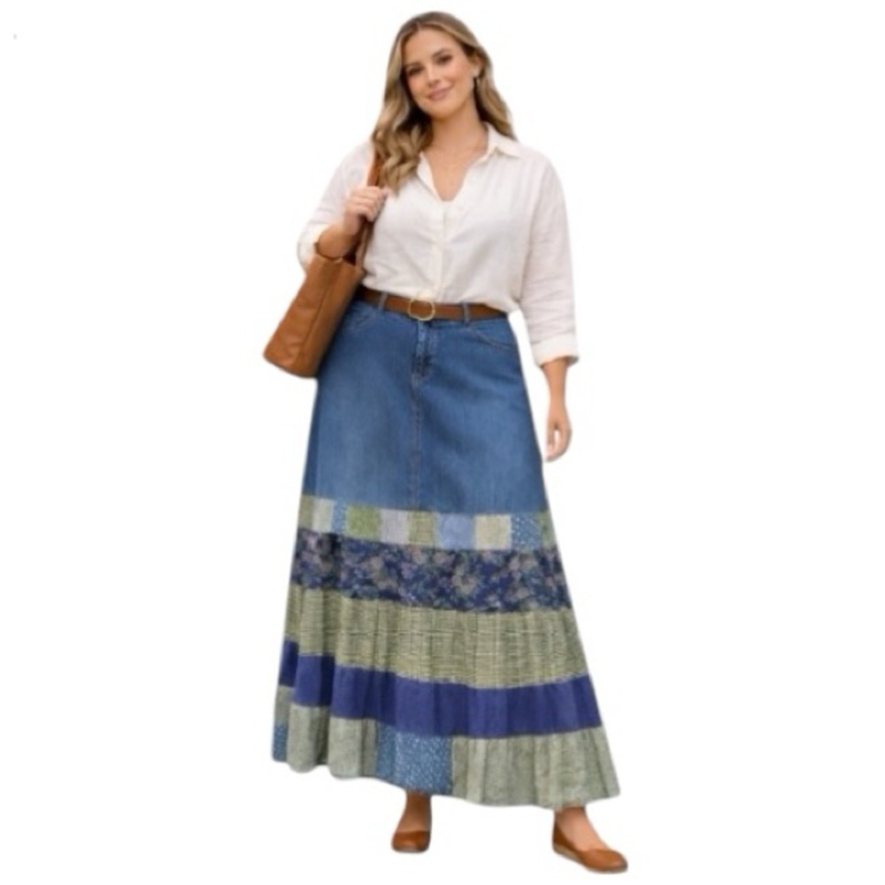 Upcycled Patchwork Denim Long Midi to Maxi length Skirt Womens Sz 22